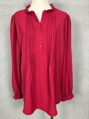 La Baieso Women's Red Long Sleeve Blouse With Ruffle Neck & Button Down XL NWT's